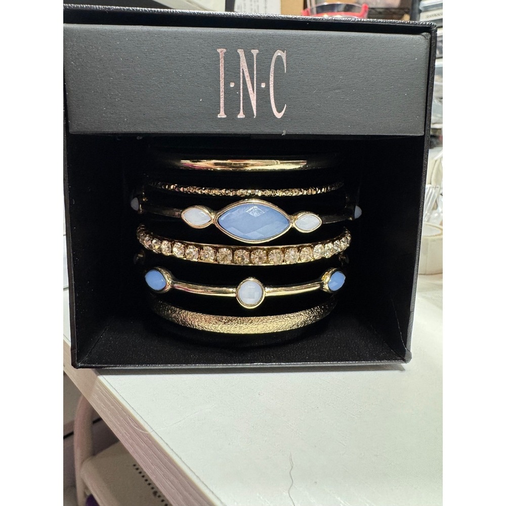INC International Concepts Gold Tone Blue Stone Rhinestone Bangle Bracelet Set